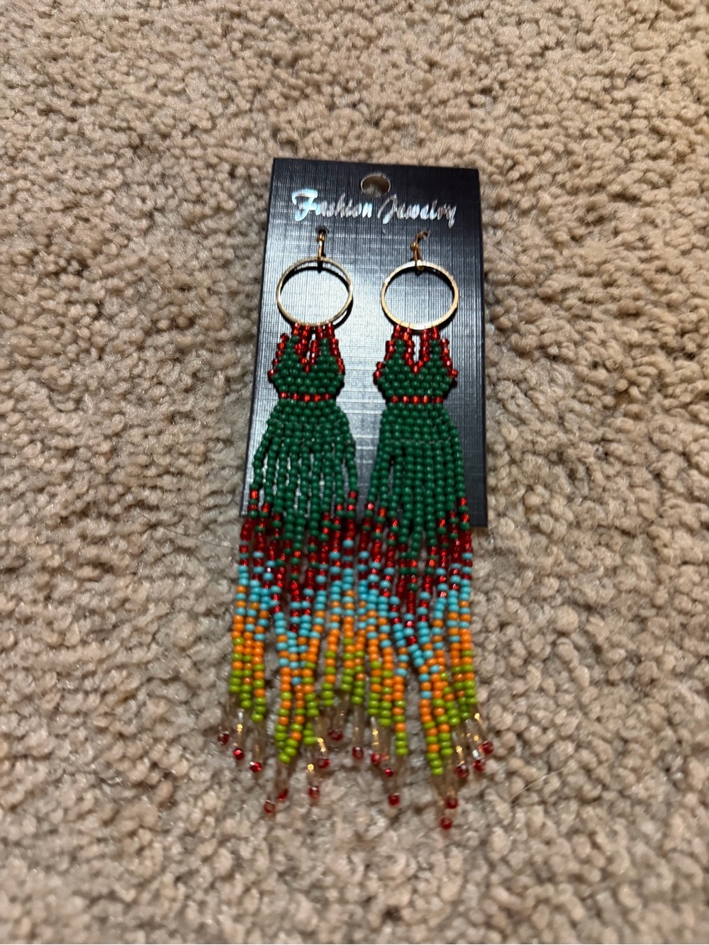 Beaded Fringe Drop Earrings - Green Multi